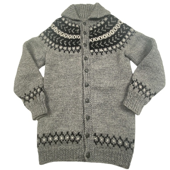 Handmade Sweaters - NEW! Handmade Fair Isle Button Down Thick Cardigan Sweater Grey Tunic Length